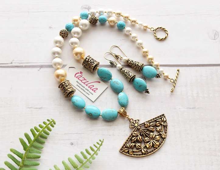 Statement Antique style turquoise pearl necklace earrings