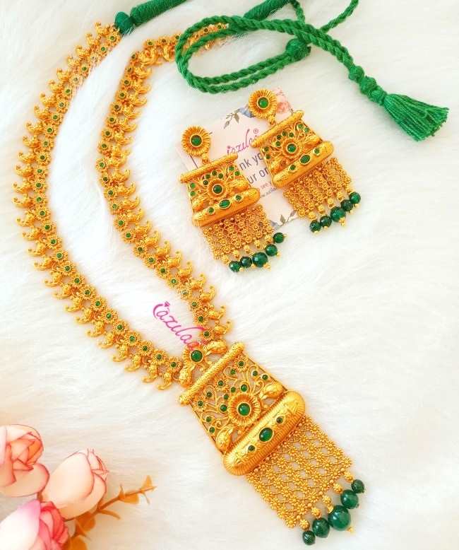 Statement Bridal Antique golden green long necklace set