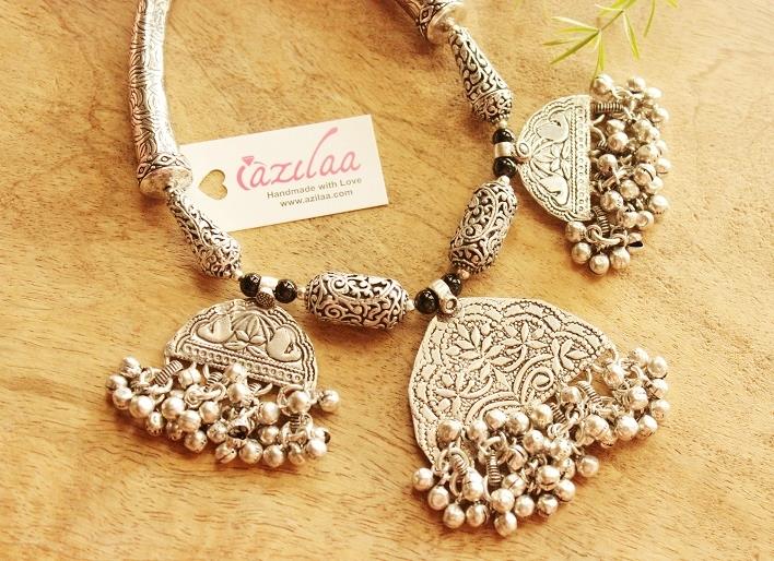 Statement Ethnic silver tone handmade designer necklace set