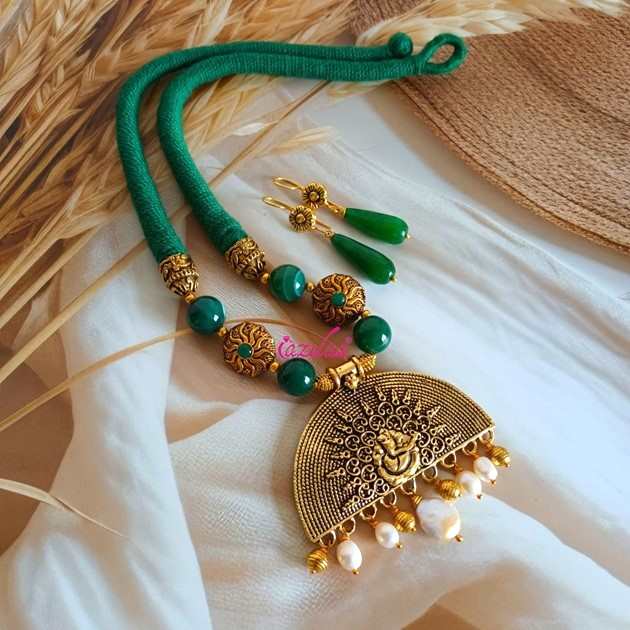 Statement Ganesha green beaded necklace earrings set