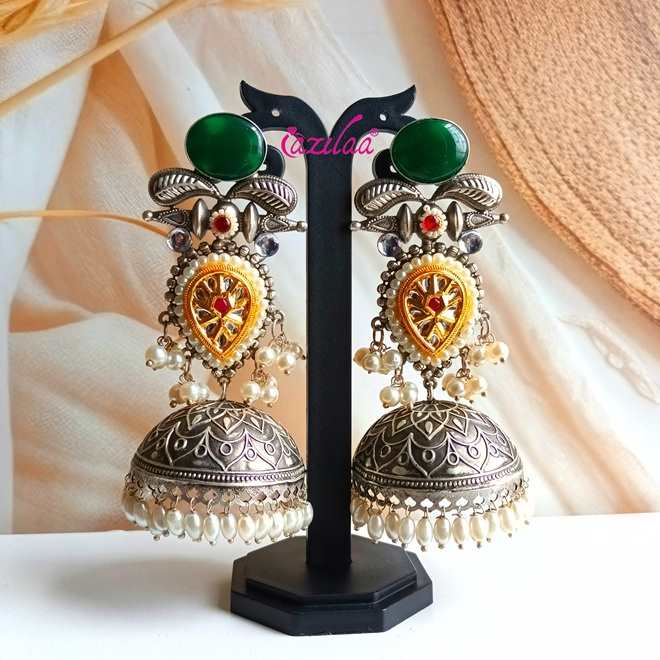 Statement Green antique silver Dual Tone jhumka
