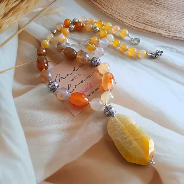 Statement OOAK yellow gemstone AGATE necklace earrings