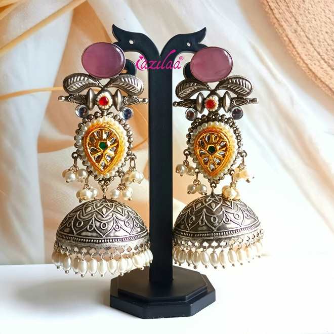Statement Pink antique silver Dual Tone jhumka