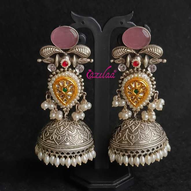 Statement Pink antique silver Dual Tone jhumka