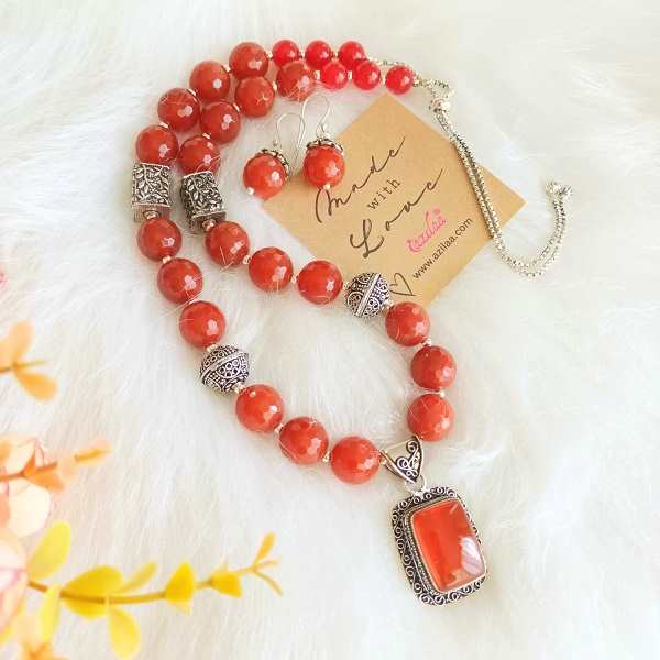 Statement agate gemstone beaded handmade pendant necklace set