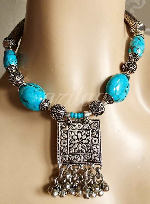  Statement blue turquoise tribal beaded necklace set