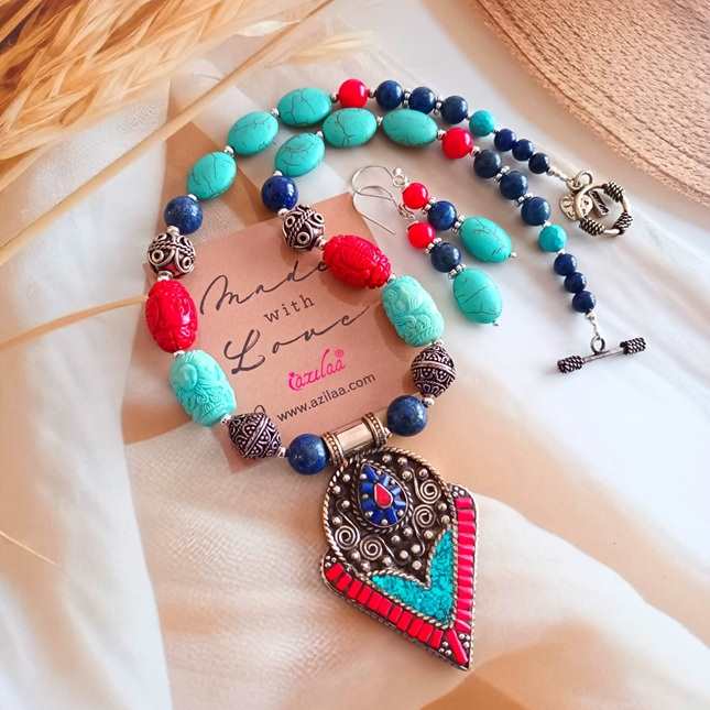 Statement gemstone Lapis turquoise coral ethnic necklace set