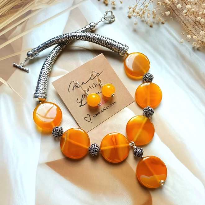 Statement mustard yellow antique silver gemstone necklace set