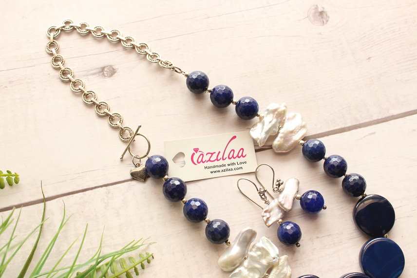 Statement pearl navy blue gemstone handmade silver necklace set