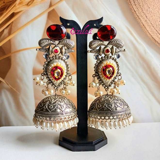 Statement red antique silver Dual Tone jhumka