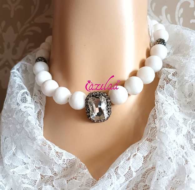 Statement white gemstone beaded crystal pendant necklace set