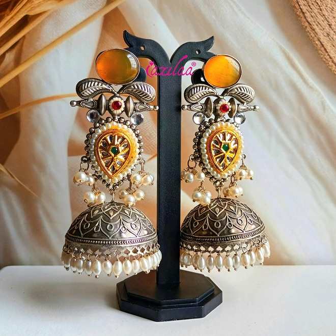 Statement yellow antique silver Dual Tone jhumka