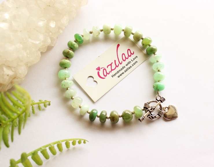 Sterling silver heart charm healing Chrysoprase gemstone bracelet