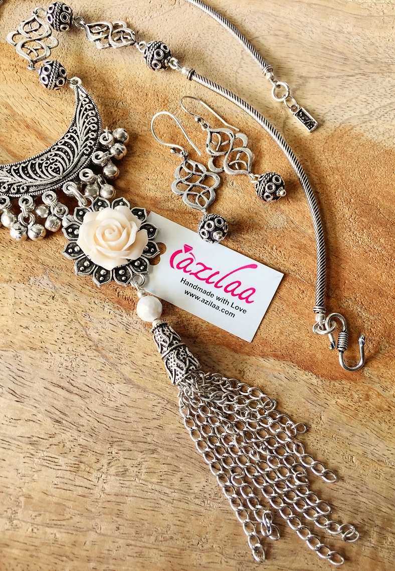 Tassel designer Rose handmade silver chain necklace earrings