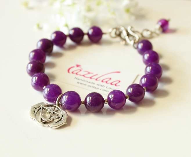 Third Eye Chakra purple gemstone beaded silver bracelet