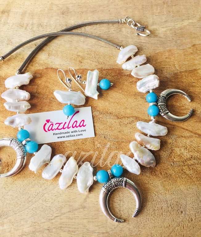 Tribal designer pearl  blue gemstone Beaded handmade necklace set