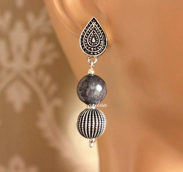 Tribal style Gray beaded gemstone Earrings
