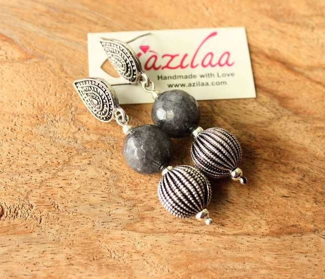Tribal style Gray beaded gemstone Earrings