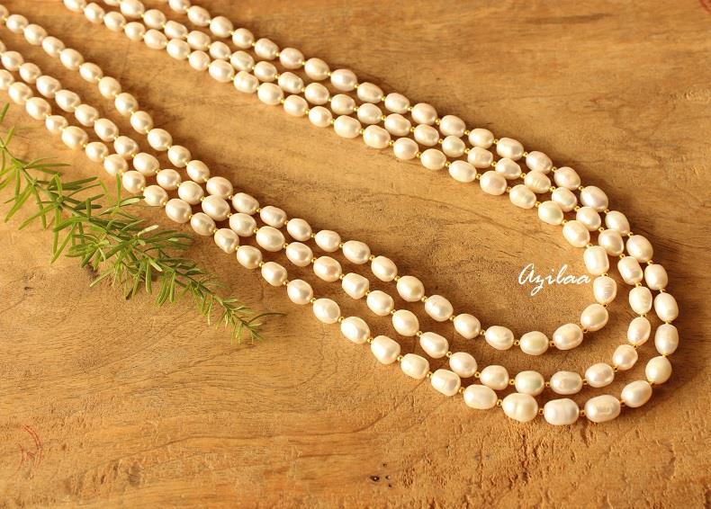 Long freshwater pearl necklace, 3 layered pearl necklace