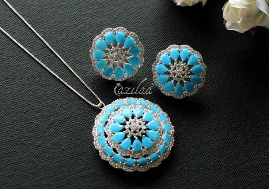 Turquoise Blue CZ studded pendant silver necklace earrings set