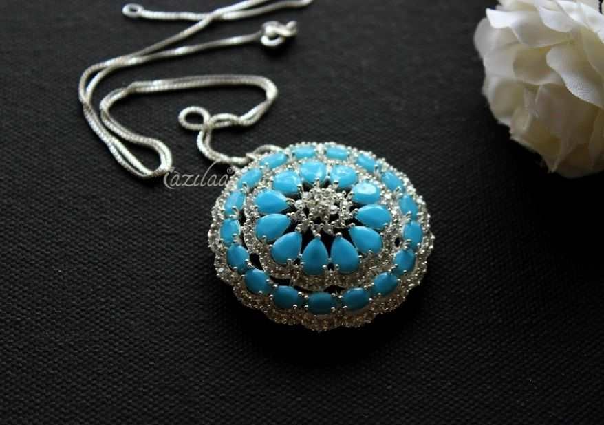 Turquoise Blue CZ studded pendant silver necklace earrings set