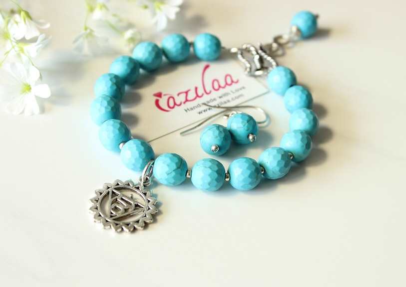Turquoise Blue Throat Chakra gemstone beaded silver bracelet