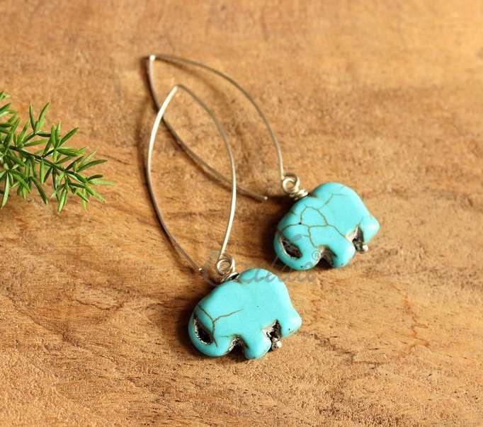 Turquoise Elephant gemstone silver dangler long earrings