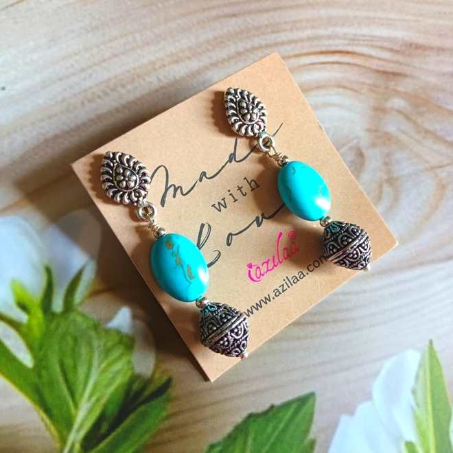 Turquoise blue gemstone antique silver tone earrings