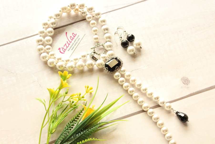 Vintage style black crystal statement pearl necklace earrings