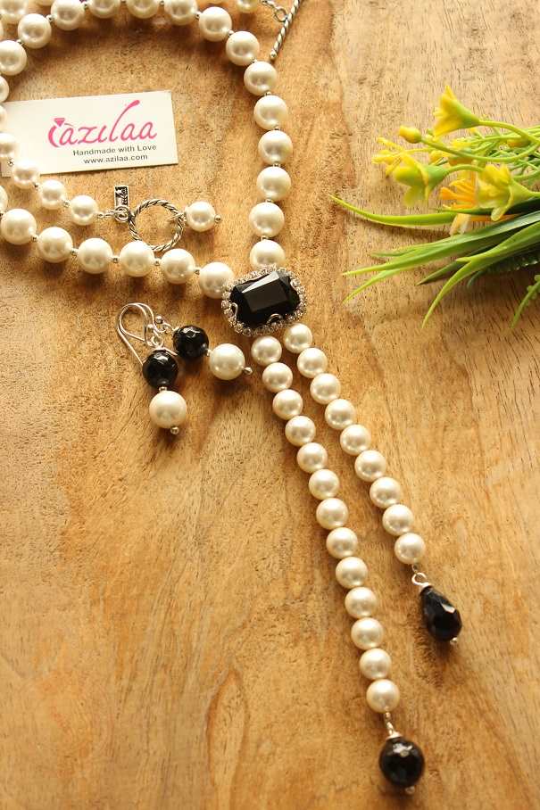 Vintage style black crystal statement pearl necklace earrings