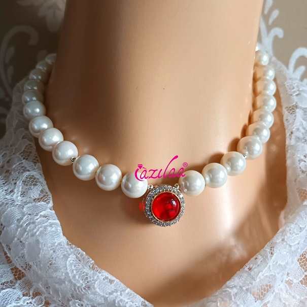 White pearl beaded choker necklace earrings