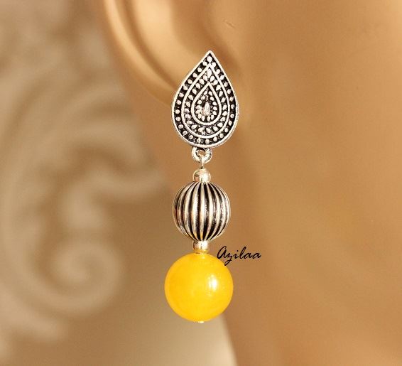 Yellow Beaded gemstone silver tone post earrings