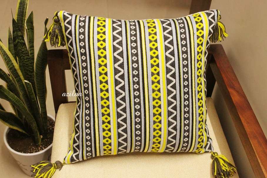 Yellow Grey geometric handloom handmade cushion cover 1
