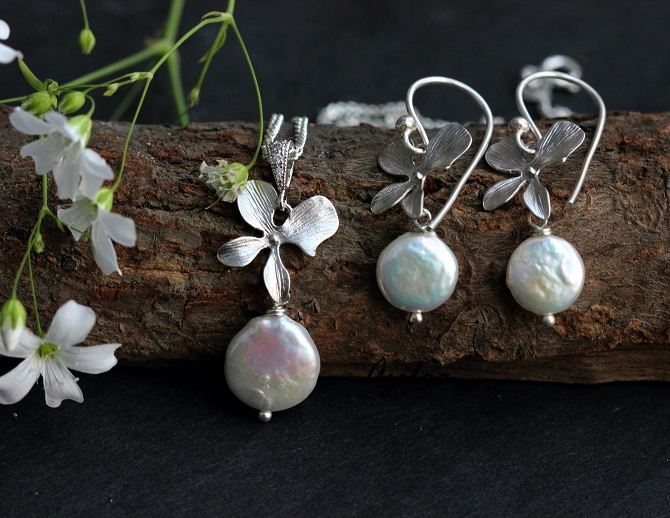 Orchid Flower Designer Pearl Pendant Necklace SET