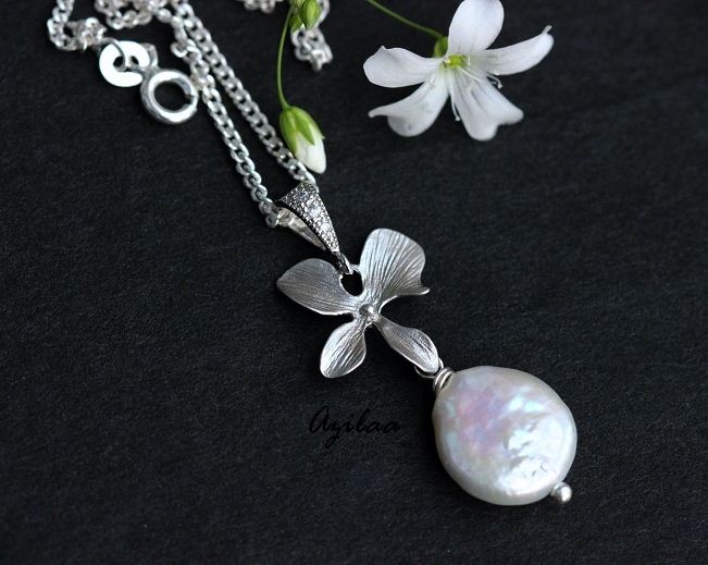 Orchid Flower Designer Pearl Pendant Necklace SET